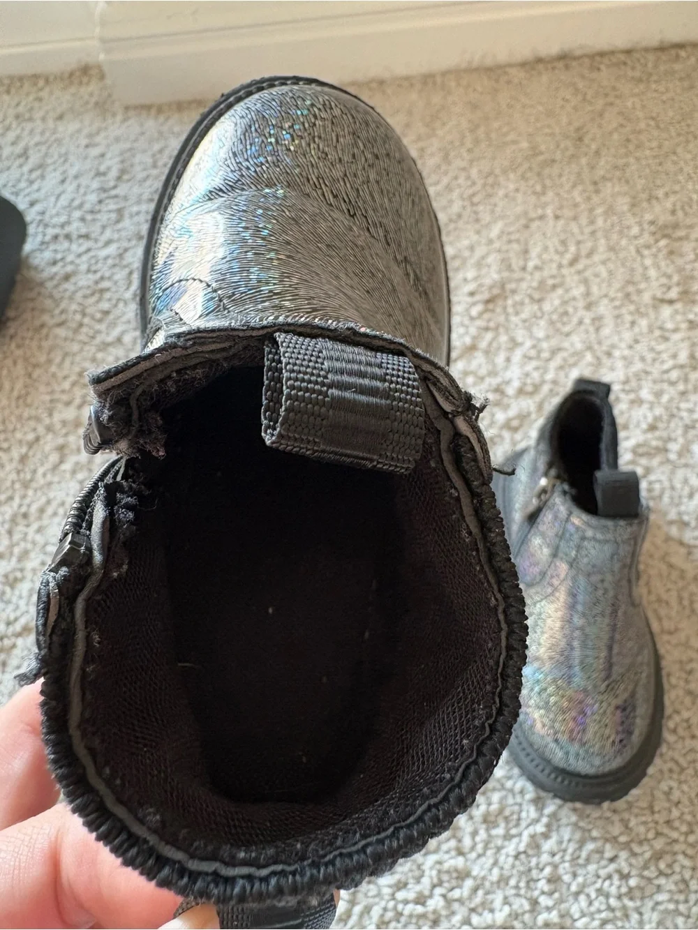 Kids Metallic Black Holographic Ankle Boots
